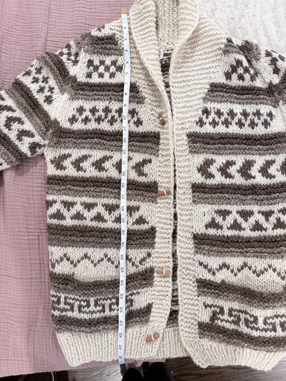 Wool Fair Isle Cardigan Sweater - Cream and Brown Size M - Picture 7 of 7